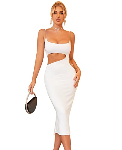Parthea Women’s Sexy Side Cut Out Bodycon Midi Dress Spaghetti Strap Going Out Club Party Dresses Off-White #TOP23