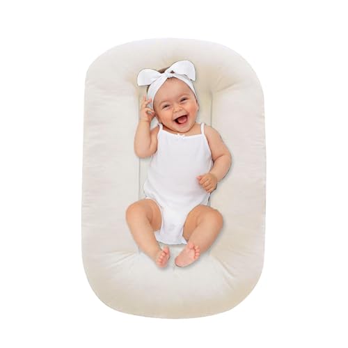 Image of Baby Lounger 0-18 Months, Baby Lounger for Newborn, Soft Organic Cotton Breathable Lounger for Infants (White Baby Lounger)