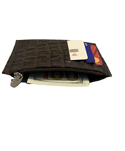 Real Leather Zipper Credit Card Holder - Handmade 100% Genuine Cow Leather Business Card Case Coin Purse Pocket Embossed Reptile Pattern - Caiman Brown2