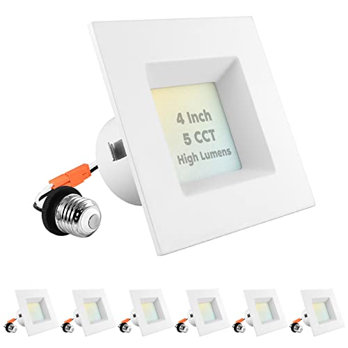 LUXRITE 4 Inch Square LED Recessed Can Lights, 14W=75W, 5 Color Options 2700K-5000K, 950 Lumens, Dimmable LED Retrofit Kit, Wet Rated, IC Rated, Energy Star, ETL Listed (6 Pack)