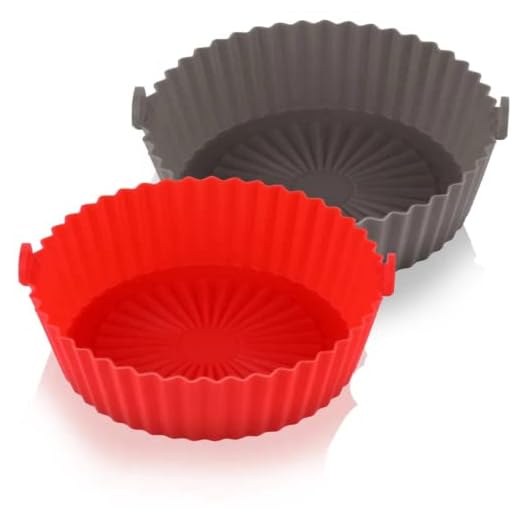 Kit 2 Peças Air Fryer Silicone Reutilizável Resistente ao Calor Livre de BPA Forma Redonda de Silicone Assadeira Air Fryer Acessórios Forros de Papel Substituição para Forno Micro-Ondas (Vermelho)