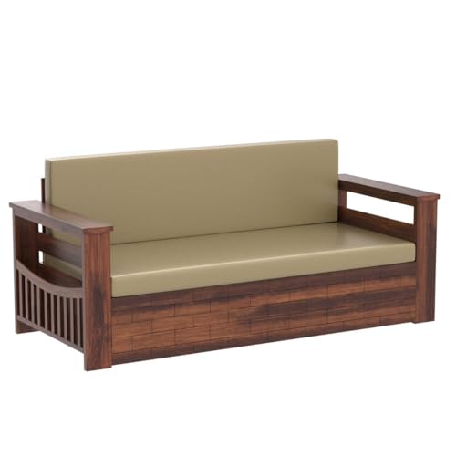 Image of Solid Sheesham Wood Convertible 3 Seater Sofa Cum Bed with Headboard and Storage Armrest, Folding Queen Size Double Bed with PullOut Big Drawer Furniture for Home Living & Bed Room