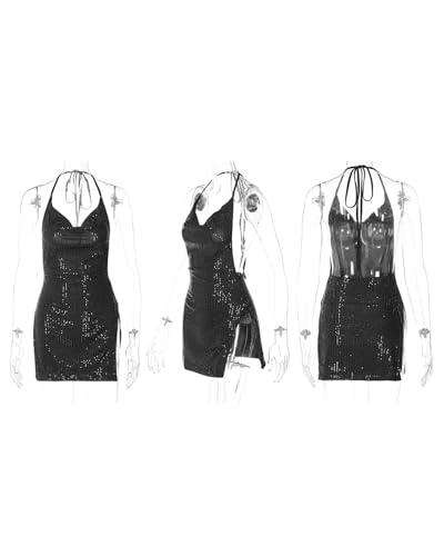 Image of Women's Sequin Halter Bodycon Mini Dress Split Hem Backless Cowl Neck Sexy Short Dress Open Back Cocktail Party Dresses