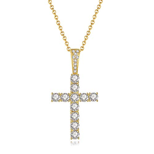 Yellow Gold Cross Pendant Necklaces - Cubic Zirconia Necklace Jewelry for Men Women, 20-22 Inches Link Chain, Hope Trust Faith Prayer Religious Cross Necklace