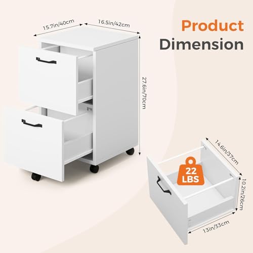 Image of 2 Drawer Filing Cabinet, Wood Rolling Filing Cabinets with Printer Stand, Under Desk Storage Lockable Wheels, Home Office Organizer for A4 Letter Legal Size Documents,White