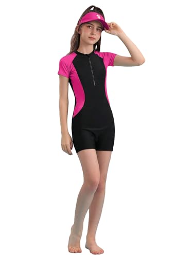 Floerns Girls One Piece Colorblock Stretchy Zipper Front Rash Guard Swimsuit