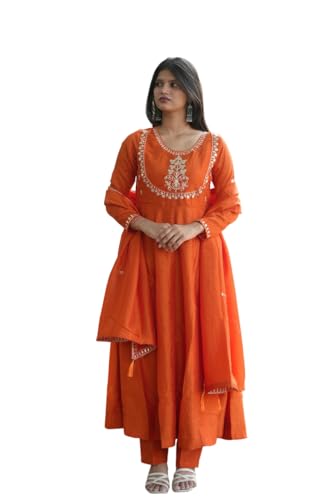 Image of MOKOSH Women's Silk Embroidery Anakrali Kurta Pant with Dupatta | Anarkali Kurta Set | Round Neck Full Sleeve Ethnic Suit | Floral Kurta 7 Colour Option Available | 3 Piece Outfit