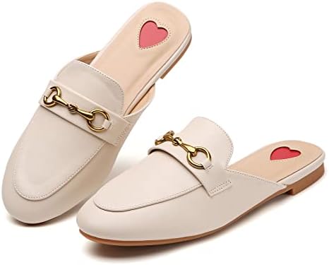 CicoMuin Buckle Beige Mules for Women Flats Round Toe Slip On Backless Loafers Ladies Work Shoes Size 9