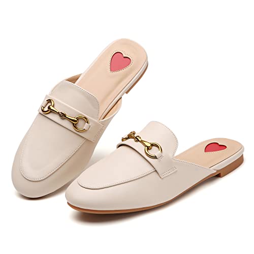 Cicomuin Buckle Beige Mules For Women Flats Round Toe Slip On Backless Loafers Ladies Work Shoes Size 9 #TOP4