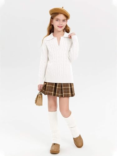 Image of Girls Sweaters Kids Fashion Cable Knit Collared V Neck Pullover Sweater Tops 5-14 Years White