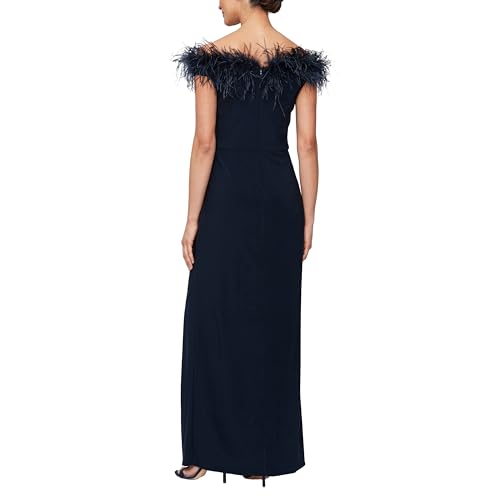 Image of Alex Evenings Women's Long Off The Shoulder Gown with Front Slit and Maribou Detail, Formal Party Dress