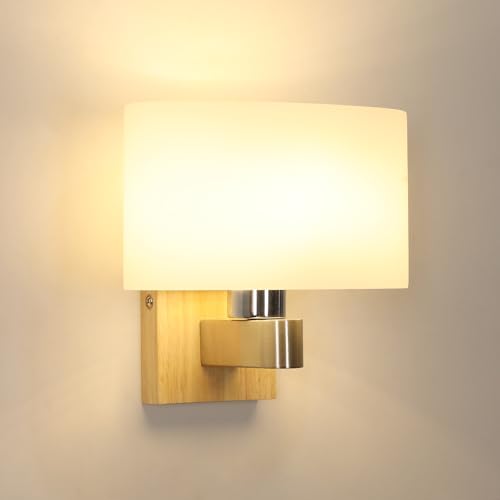 Mckalen Applique da Parete Interno Legno, E27 Lampada da Parete Moderno, Lampada a Muro con Ovale Paralume di Vetro per Camera da Letto Dormitorio Soggiorno Corridoio (Senza Lampadina)