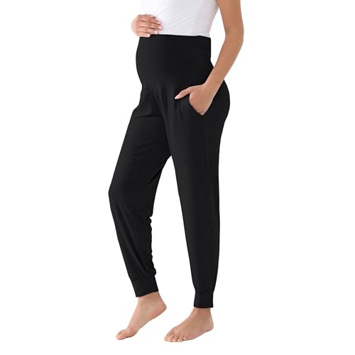 BRATUC Maternity Pants for Women Viscose from Bamboo Soft Stretchy Comfy Pregnancy Lounge Pajama Bottoms with Pockets (Small Black)