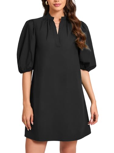 Image of EZAPINE Women Babydoll Mini Dress Summer Casual Cotton V Neck Puff Lantern Sleeve Loose A Line Cute Dress