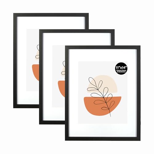 KAIWIN 11x14 Picture Frame Black Set of 3, Photo Frame with Acrylic Glass for Pictures 8x10 with Mat or 11x14 Without Mat