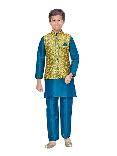 Image of Aarika Boys Orange Color Kurta Pyjama With Waistcoat