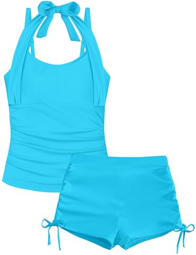 Image of Bathing Suits for Teens 12-14 Halterneck Adjustable Straps Girls Tankini Swimsuits Tummy Control for Teen Bathing Suits with Drawstring Shorts Girls 2 Piece Swimsuits Light Blue
