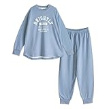 パジャマ ガールズ 綿100% スウェット素材 柔らかい 快適 上下セット 長袖 胸プリント チュニック丈 春 秋 アッシュブルー 通気性 130サイズ