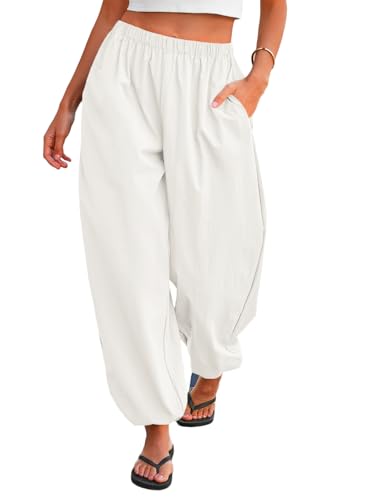 Tankaneo Womens Balloon Baggy Pants Trendy Casual Elastic Waist Wide Leg Harem Pants Pleated Lantern Trousers White