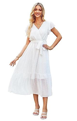 Image of VintageClothing Womens Sundress Casual Floral Summer Boho Dress | Flowy Wrap V Neck Ruffle A-Line Pleated Hem Midi Dresses