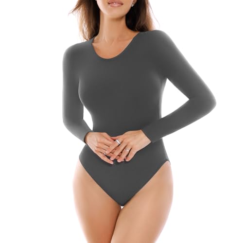 SINOPHANT Long Sleeve Bodysuits for Women Crew Round Neck Basic Stretchy Slim Fit Body Suit Tops, Dark Grey, Medium
