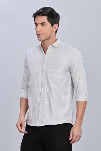 Image of MILDIN Men's Pure Cotton Striped Printed Shirt with Spread Collared Neck Full Sleeve Curved Hemline Button Closure and Regular Fit | Shirt for Man