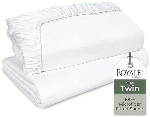 Royale Linens 2 Pack Fitted Sheet - Elastic Sheets - Twin Fitted Sheet Only - Soft & Breathable - Brushed 1800 Microfiber - Stain Resistant- Hotel Quality Deep Pocket Stretches Up to 16