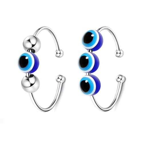 Image of El Regalo 2PCs Eye Catching Fidget Meditation Adjustable Finger Rings for Girls & Women- Retro Blue Evil Eyes Opening Adjustable Rotating Beads Rings