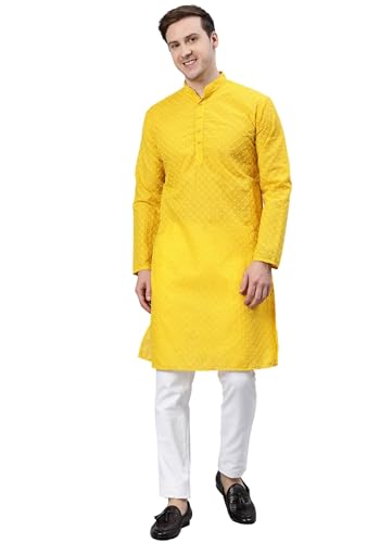 Image of Majestic Man Men's Cotton Blend Regular Fit Casual Polyester Mandarin Collar Ethnic Motifs Embroidered Long Regular Kurta