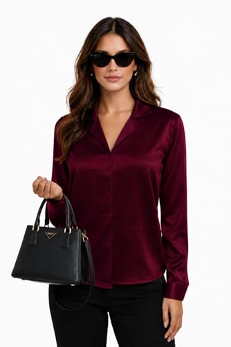 Image of Cuban Collar Cuffed Sleeves Formal Satin Shirt Style Top