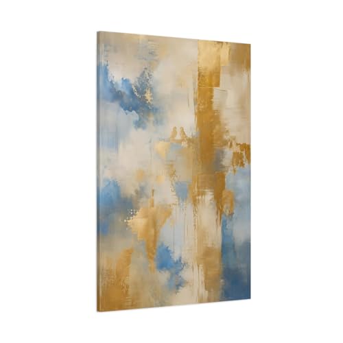 Canvas abstrait oiseaux bleu et or grand format 80x120 cm vertical
