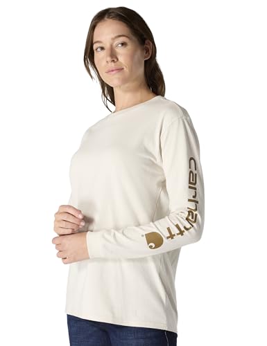 Carhartt Women's Loose Fit Heavyweight Long-Sleeve Logo Sleeve Graphic T-Shirt, Malt/Carhartt Brown, S