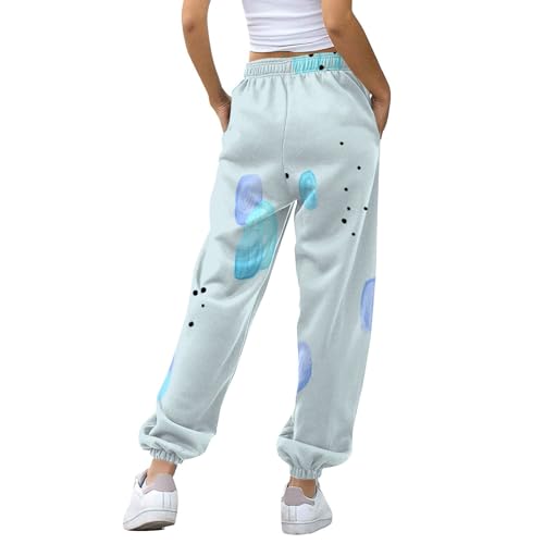 Calça de moletom feminina de cintura alta com bolsos e cordão para ioga e corrida, Azul claro, G