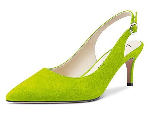 Aachcol Femmes Slingback Escarpins Aiguille Mi Talon Heel Pointu Bout Lanières Cheville Mariage Bureau Party Dress Chaussures Sandales 6 CM Vert Citron Suède 45 EU