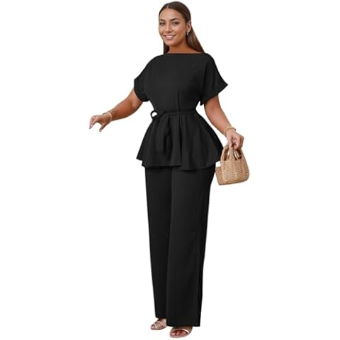 WUSENST 2 Piece Outfits for Women Ruffle Pelplum Top Loose Long Pants Business Suit Casual Solid Short Sleeve Two Pieces Cover