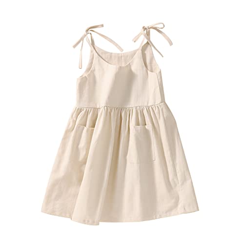 IZYJOY Toddler Baby Girl Summer Cotton Linen White Dresses Bow Straps Sleeveless with Pockets Little Girls Beach Sundress