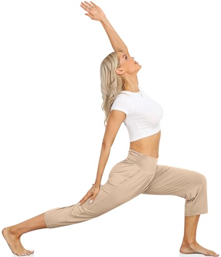 Image of UEU Women's Yoga Capri Pants Loose Soft Drawstring Workout Sweatpants | Comfortable Stretchy Fabric, Casual Lounge Pants, Side Pocket, Workout Travel Daily Wear