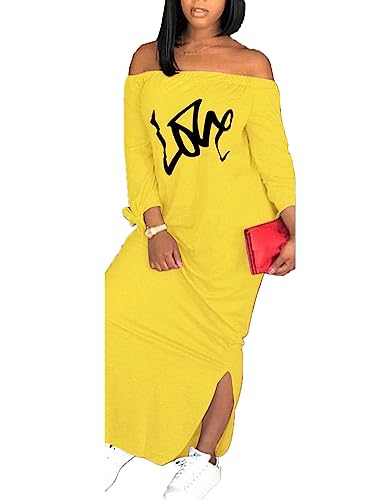 Image of Women's Casual Off Shoulder Maxi Dress - African Print Summer Loose Long Sleeve Tunic T Shirt Dresses with Pockets