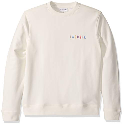 Lacoste Mens Long Sleeve Non Brushed Fleece Rainbow Logo Sweatshirt Sweatshirt, Flour White, M