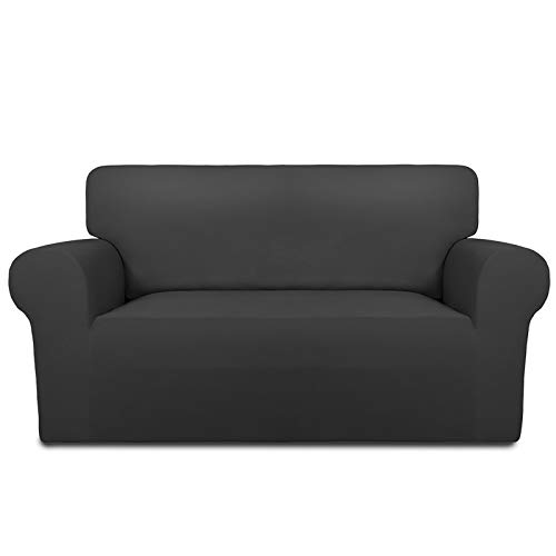PureFit Super Stretch Sofa Slipcover – Spandex Non Slip Soft Couch Sofa Cover, Washable Furniture Protector with Non Skid Foam and Elastic Bottom for Kids, Pets （Loveseat, Dark Gray）