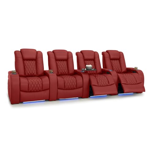 Image of Seatcraft Diamante Red Italian Leather Home Theater Seating, Zero Gravity Power Recliner Gaming and Home Office Chair, Powered Headrest Lounge Sofa Furniture for Cinema Room, Row of 4