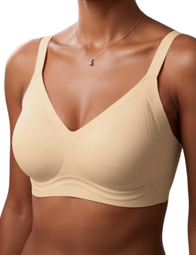 Yashelle Seamless Bra for Women Wireless Jelly Tshirt Bralettes with Support Lift Bras, Beige, Medium