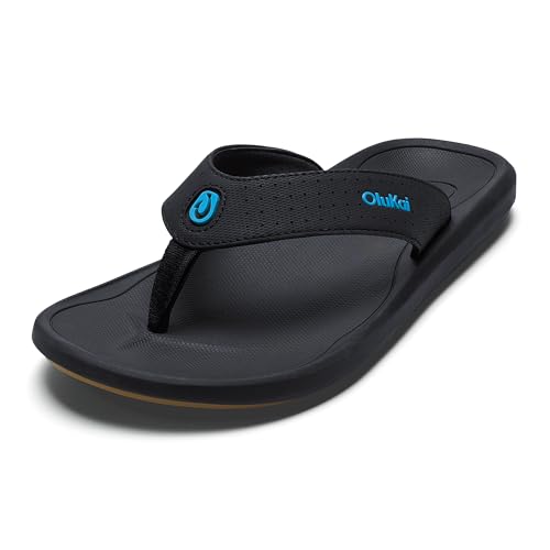 OluKai Kii Mens Beach Sandals Quick-Dry Flip-Flop Slides Water Resistant & Lightweight Compression Molded Footbed & Ultra-Soft Comfort Fit Lava Rock/Bold Blue 15