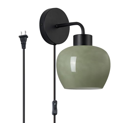 Image of Modern Wall Sconces, Olive Green Milk Glass, Matte Black Finish | Plug-in Wall Lamp, Industrial Boho Lighting, For Bedroom, For Living Room