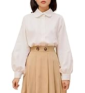 wearVAST Womens Long Sleeves Round Collar Linen Blouse Bishop Sleeves Peter Pan Collar Linen Shirt