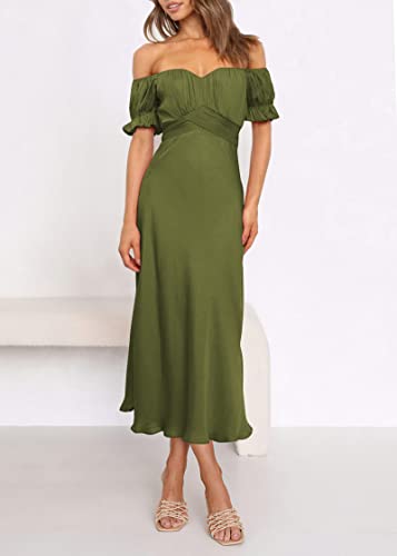 Image of KIRUNDO Women's Satin Summer Wedding Guest Cocktail Dress | 2026 Spring Fall Party Midi Dress, Silky, Elegant Off Shoulder Short Sleeve, Ruffle Mermaid Hem, Wrap Prom Formal Outfits