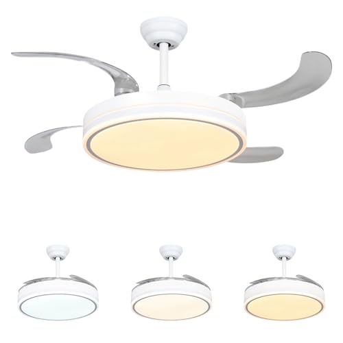 Ventilador de techo con luz LED 36W Blanco en 3 Temperaturas de Luz con Mando a Distancia -Motor DC Eficiente y Silencioso, 3 tonalidades, aspas desplegables retráctiles, 6 velocidades, control remoto