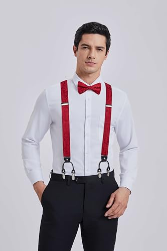 Image of HISDERN Suspenders for Men Paisley Floral Bow tie Suspender Pocket Square Sets Adjustable Y Shape 6 Clips Wedding Braces