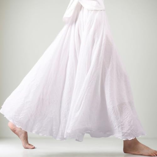 Linen Maxi Skirt White Bohemian Long Skirt with Pleats A-Line Double Layer Summer Elastic Waist 33.5 in Long Flowy Beach Maxi Dress for Women, Girl, Linen Skirts for Women4