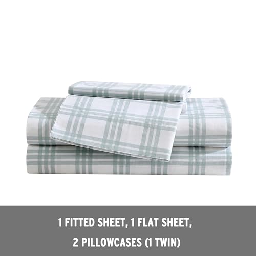 Image of Eddie Bauer - King Sheets, Cotton Percale Bedding Set, Crisp & Cool Home Decor (Light Green Plaid, King)